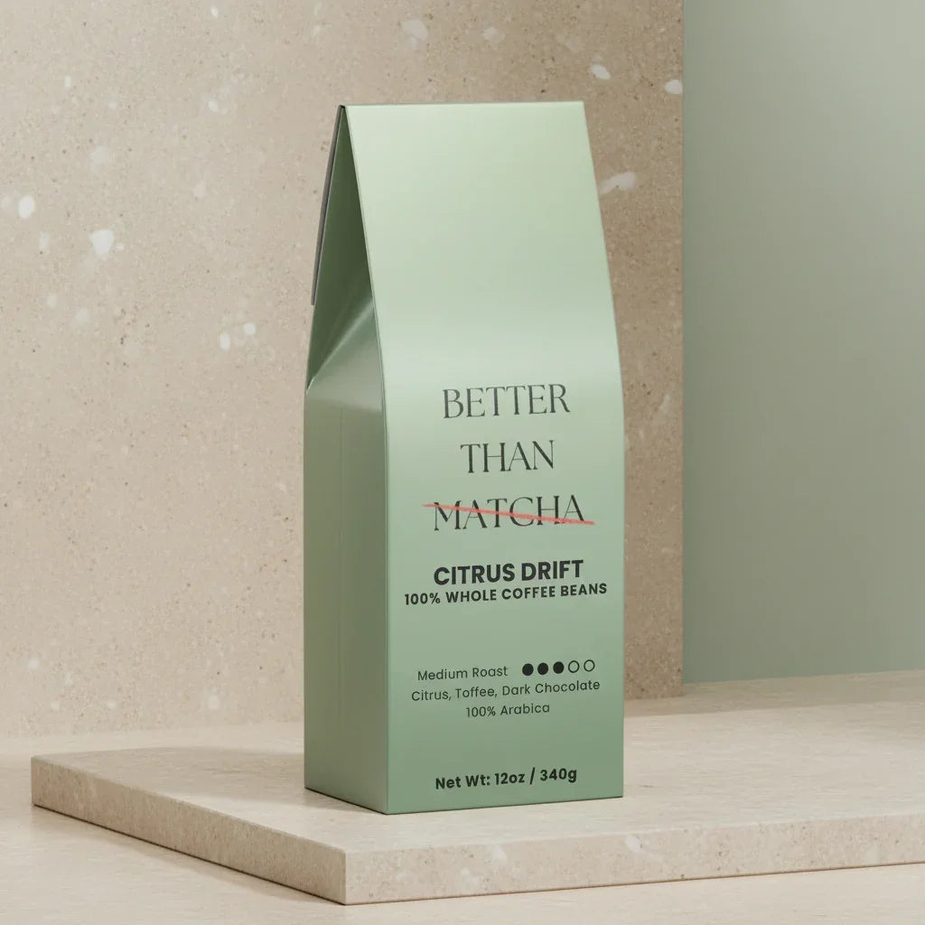 Citrus Drift Not Matcha (Medium Roast Coffee) packaging featuring citrus, toffee, and dark chocolate flavors.