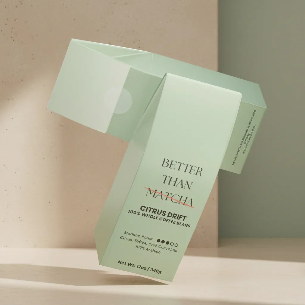 Citrus Drift Not Matcha (Medium Roast Coffee) packaging showcasing a blend of citrus, toffee, and dark chocolate notes.