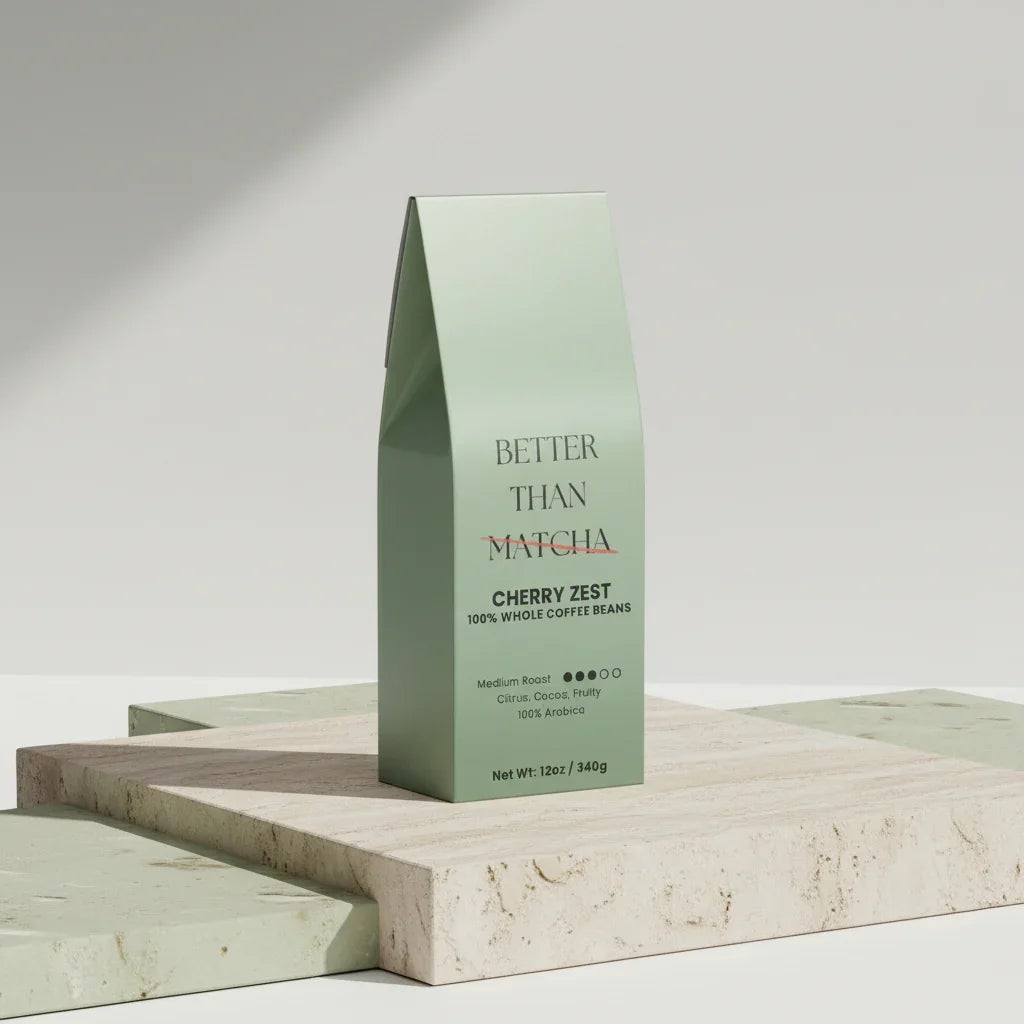 Cherry Zest Not Matcha (Medium Roast Coffee) packaging featuring green design and 100% whole coffee beans.