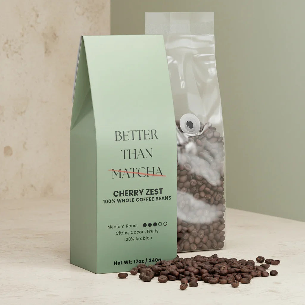 Cherry Zest Not Matcha (Medium Roast Coffee) packaging with whole coffee beans in a bag.