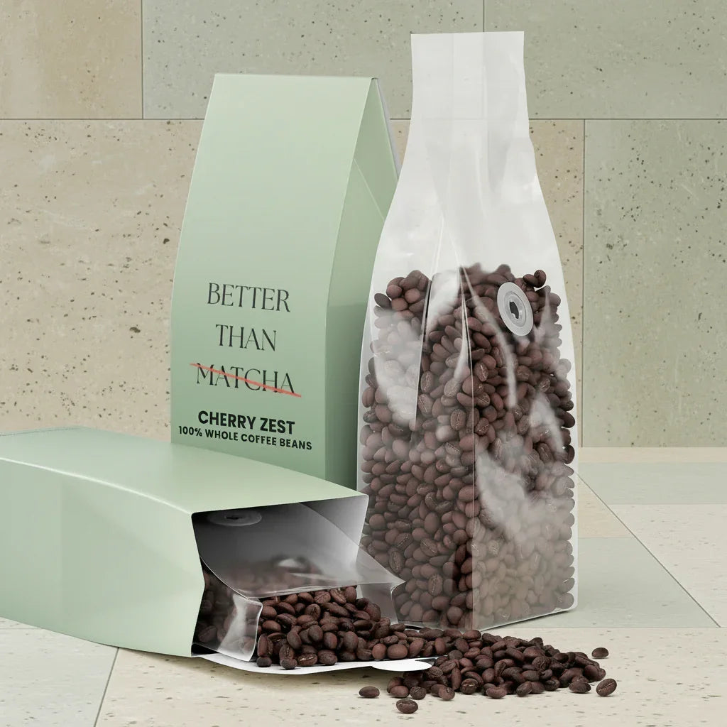 Cherry Zest Not Matcha (Medium Roast Coffee) packaging with whole coffee beans spilling out.