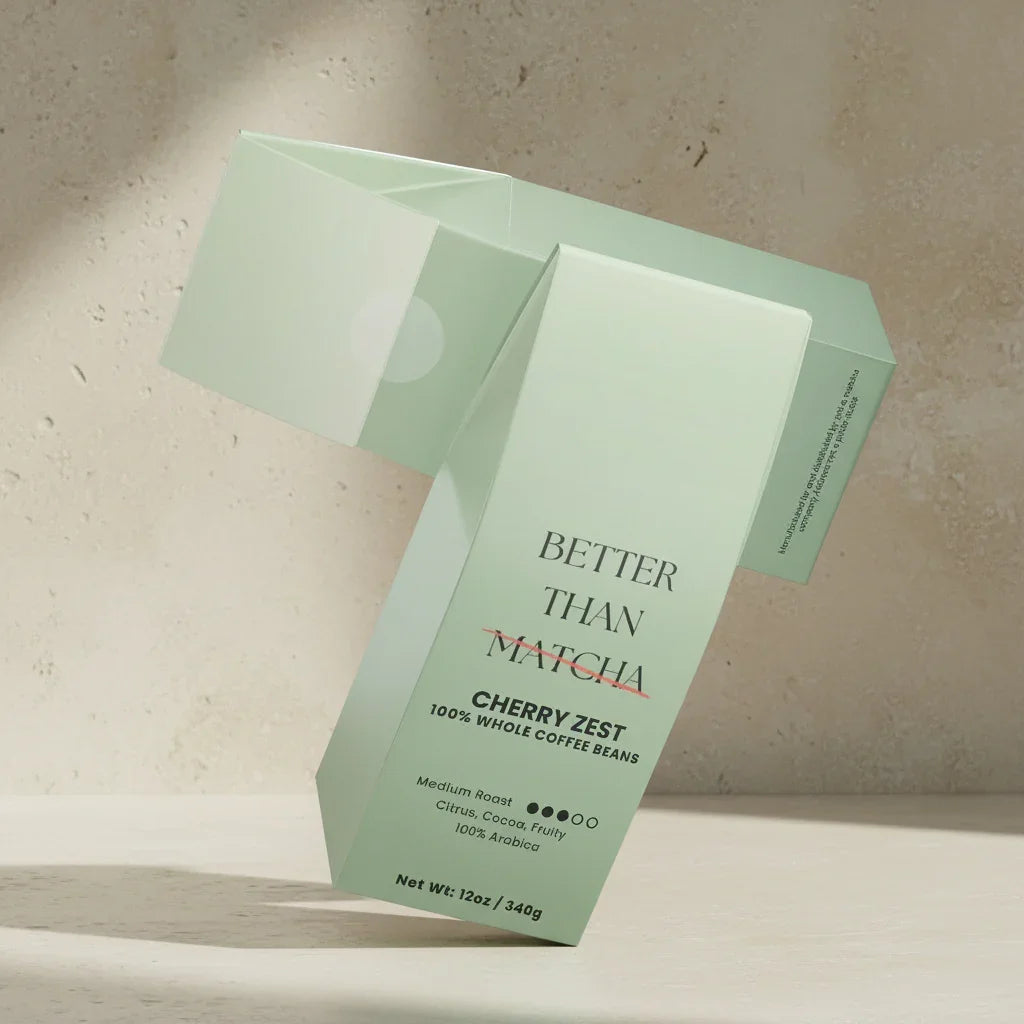 Cherry Zest Not Matcha (Medium Roast Coffee) packaging showcasing vibrant design and product details.
