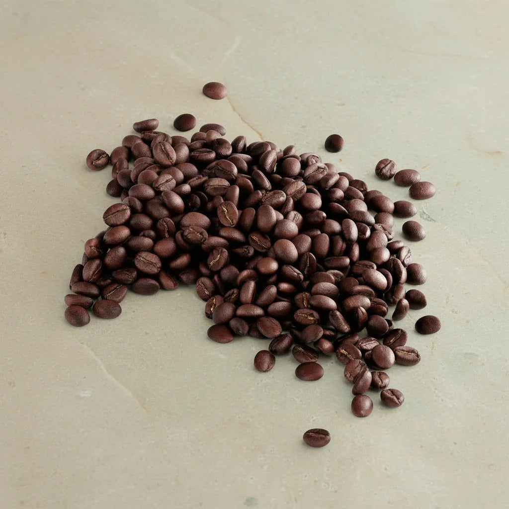 Cherry Zest Not Matcha (Medium Roast Coffee) coffee beans pile on a white background.