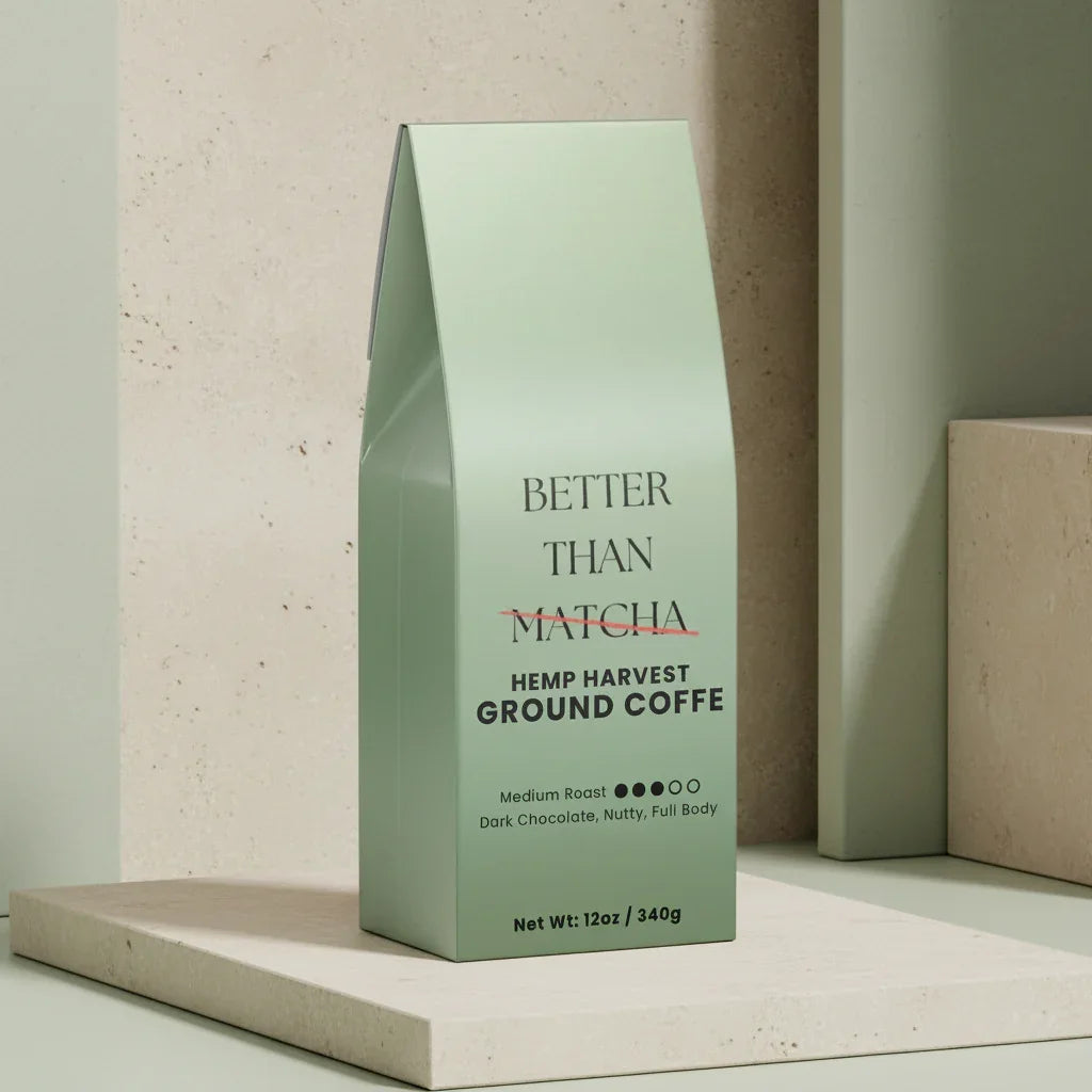 Hemp Harvest Not Matcha (Medium Roast Coffee) packaging showcasing unique ground coffee blend.