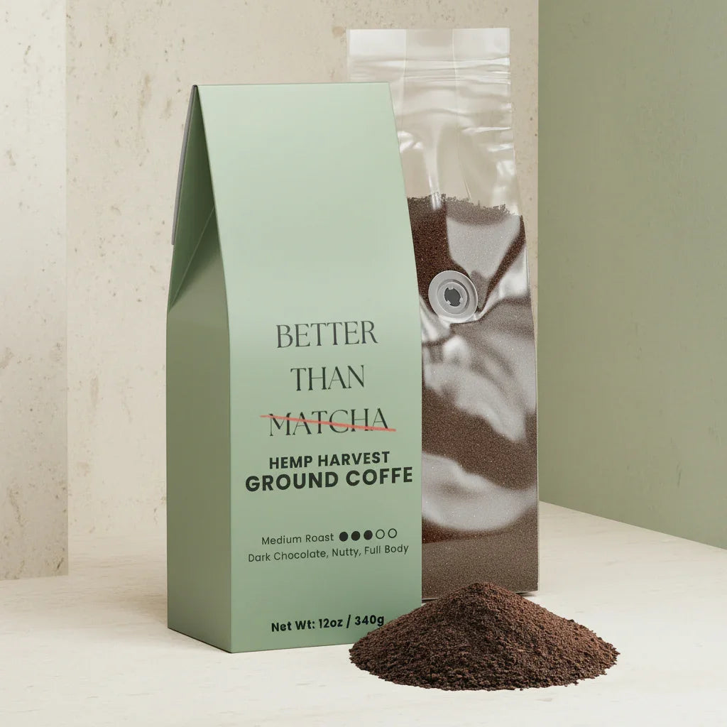 Hemp Harvest Not Matcha (Medium Roast Coffee) packaging with ground coffee showcasing its rich, nutty flavors.