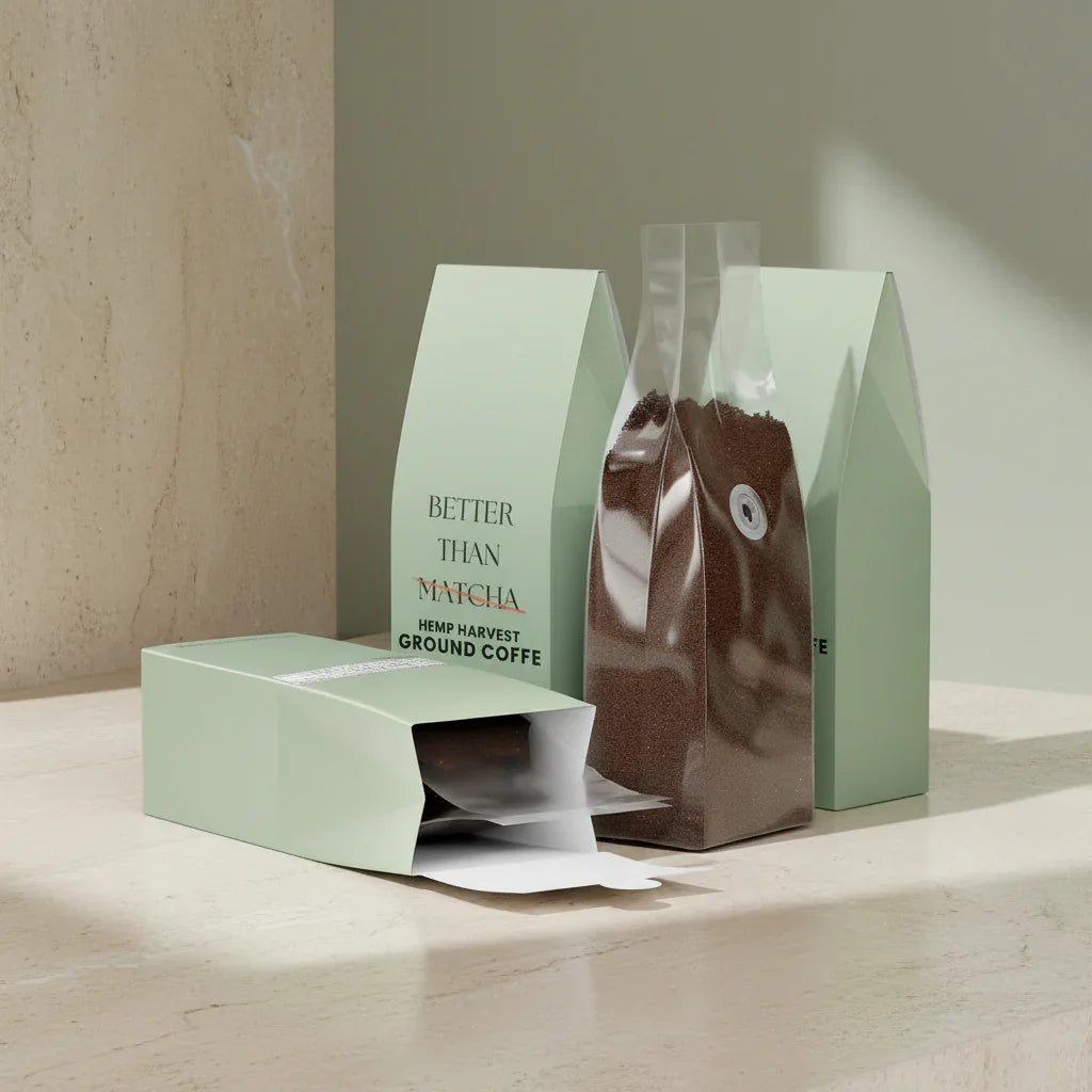Hemp Harvest Not Matcha (Medium Roast Coffee) packaging featuring ground coffee in eco-friendly pouch.