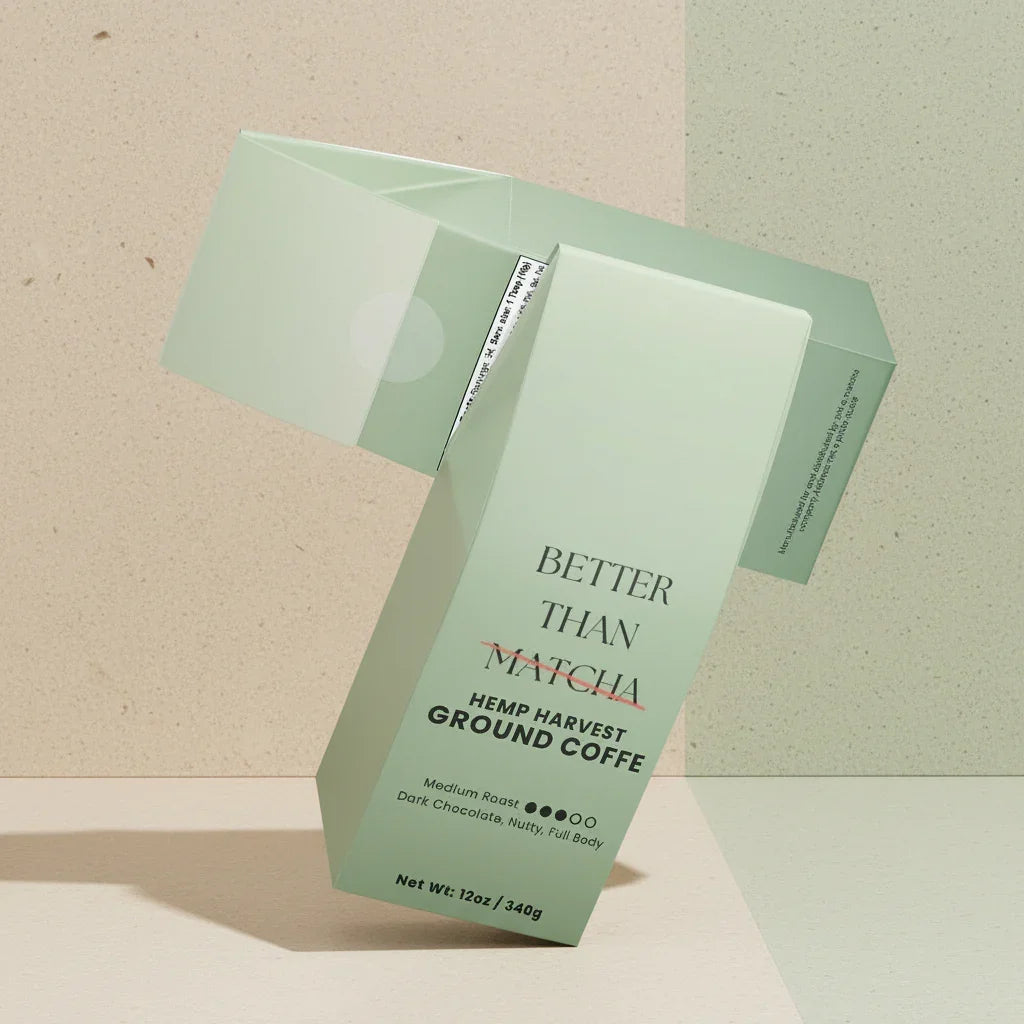 Hemp Harvest Not Matcha (Medium Roast Coffee) packaging featuring earthy, nutty flavors and dark chocolate notes.