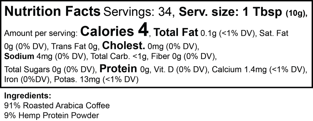 Nutrition facts for Hemp Harvest Not Matcha (Medium Roast Coffee) showing calories and ingredients.